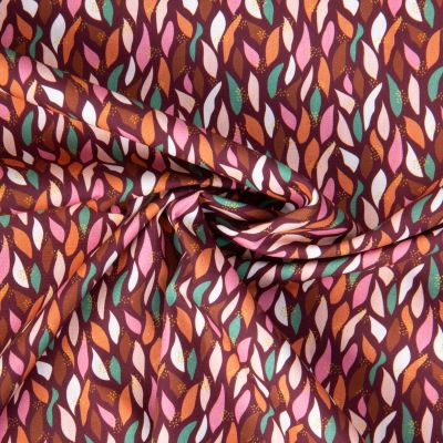 Tissu Popeline de Coton pétales multicolores sur fond Bordeaux - Par 10 cm