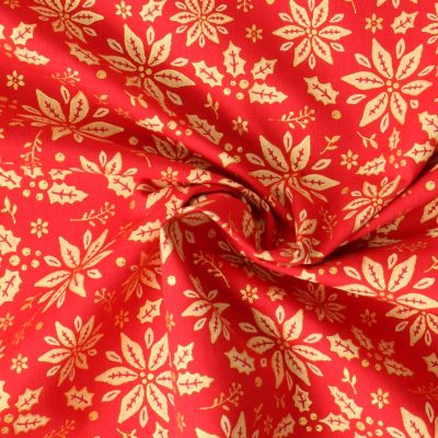 Tissu Coton imprimé Flocons dorés de noël sur fond Rouge - Par 10 cm