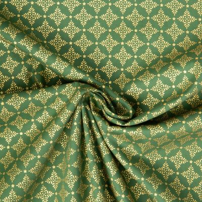 Tissu Coton imprimé flocons dorés de noël sur fond Vert - Par 10 cm