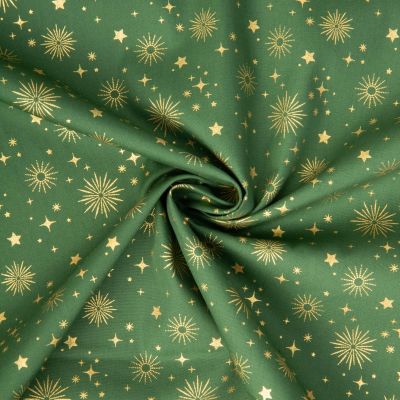 Tissu Coton imprimé étoiles dorés de noël sur fond Vert - Par 10 cm