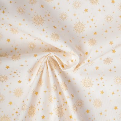 Tissu Coton imprimé étoiles dorés de noël sur fond Blanc - Par 10 cm