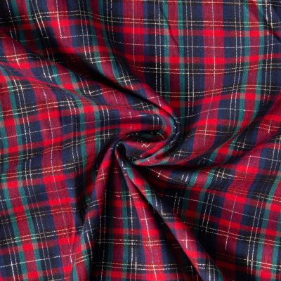 Tissu Coton Tartan Ecossais Bleu et vert Lurex sur fond Rouge - Par 10 cm
