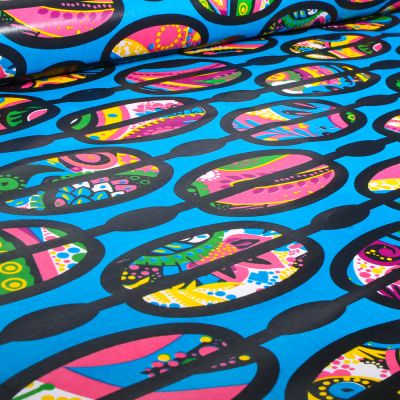 Tissu Wax africain n°  749 sur fond Bleu turquoise - Par 10 cm