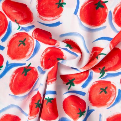 Tissu Viscose imprimé Shaun belles tomates Rouge sur fond Blanc - Par 10 cm