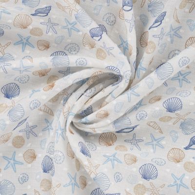 Tissu Voile de Coton Plumetis digital Garance coquillages et crustacées sur fond Blanc - Par 10 cm