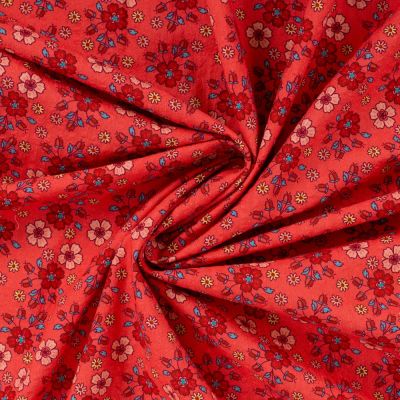 Tissu Seersucker Coton digital Céleste petites fleurs sur fond Rouge - Par 10 cm
