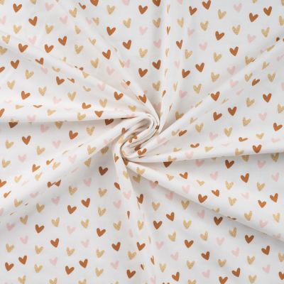 Tissus Jersey Coton imprimé Coeurs pailletés or sur fond Blanc cassé - Par 10 cm