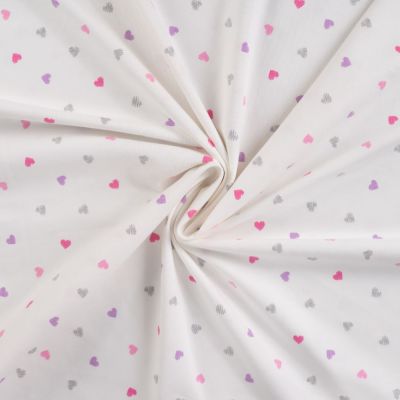 Tissu Jersey Coton Coeurs roses, lilas et argent pailleté sur fond Blanc - Par 10 cm