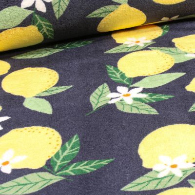 Tissu Doudou Citrus envers ecru sur fond Bleu marine - Par 10 cm
