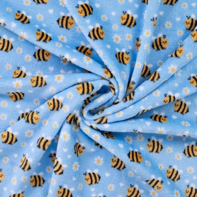 Tissu Doudou imprimé Abeilles fleuries sur fond Bleu ciel - Par 10 cm