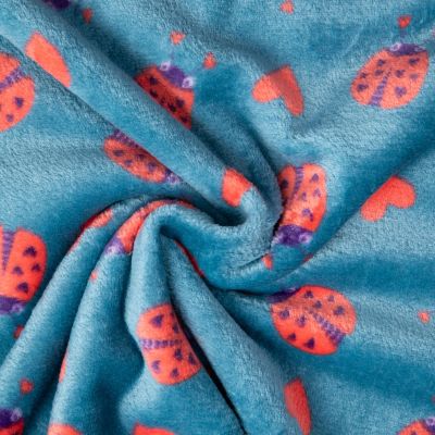 Tissu Doudou imprimé Coeurs et coccinelles rouges sur fond Bleu canard - Par 10 cm