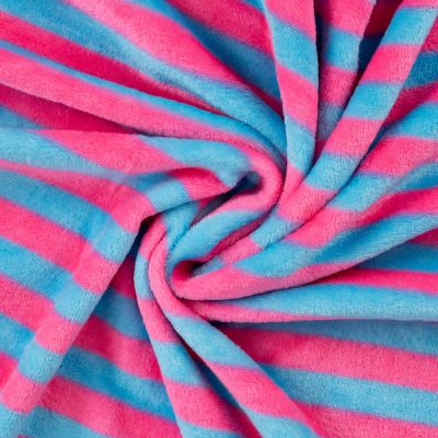 Tissu Doudou imprimé rayures Bleu sur fond Rose fuchsia - Par 10 cm