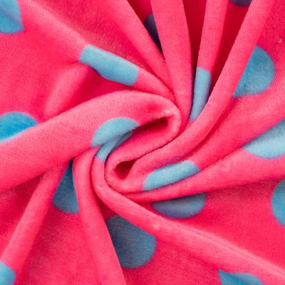 Tissu Doudou imprimé pois Bleu sur fond Rose fuchsia - Par 10 cm