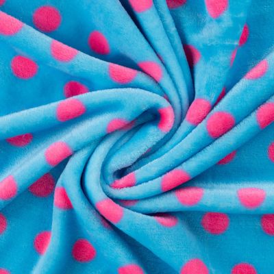 Tissu Doudou imprimé pois Rose fuschia sur fond Bleu turquoise - Par 10 cm
