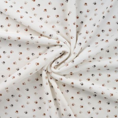 Coupon Tissu Jersey Velours tout doux Pattes de chien taupes et grises sur fond Blanc cassé - Coupon de 40 cm