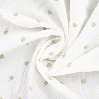 Tissu Double gaze de Coton Trèfle vert d&#039;eau sur fond Blanc cassé - Par 10 cm