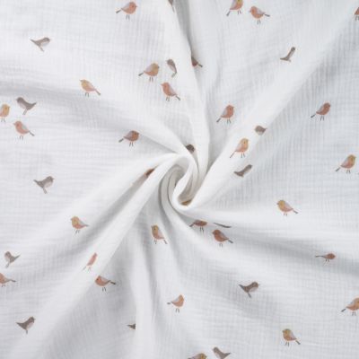 Tissu Double gaze de Coton Oiseaux Lua sur fond Blanc - Par 10 cm