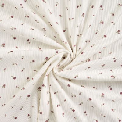 Coupon Tissu Jersey Coton Bord côte Petites roses sur fond Blanc cassé - Coupon de 180 cm