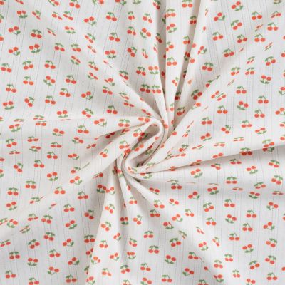 Coupon Tissu Jersey Coton ajouré Cerises sur fond Blanc - Coupon de 100 cm