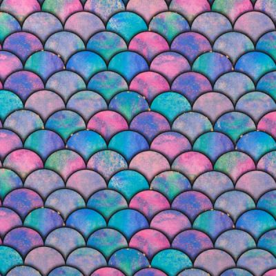 Coupon Tissu Jersey Coton digital Ecailles fuschia sur fond Bleu - Coupon de 20 cm