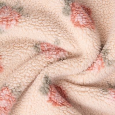 Tissu Fausse fourrure Teddy Sherpa roses sur fond Beige - Par 10 cm