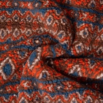 Tissu Fausse fourrure Teddy Sherpa ethnique sur fond Marron chocolat - Par 10 cm