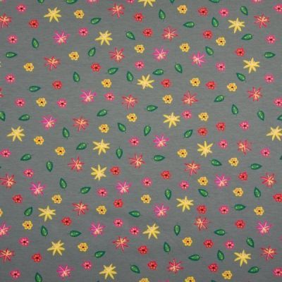 Tissu Jersey Coton Feuilles  et fleurs jaunes rose et vertes sur fond Gris foncé - Par 10 cm