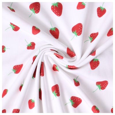 Tissu Jersey Coton imprimé Fraises rouges sur fond Blanc - Par 10 cm