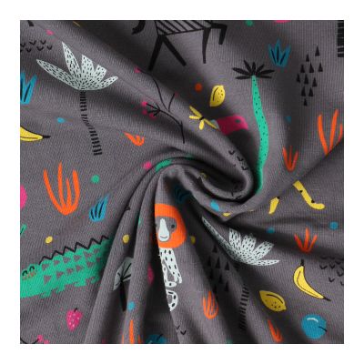 Tissu Jersey Coton imprimé Animaux de la savane sur fond Gris anthracite - Par 10 cm