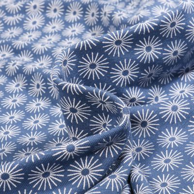 Tissu Jersey Coton Camille Soleils sur fond Bleu denim - Par 10 cm