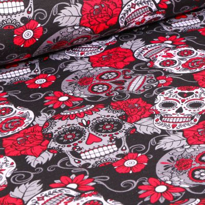 Tissu Jersey Coton Tête de morts rouge sur fond Noir - Par 10 cm