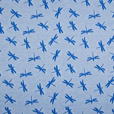 Tissu Jersey Jacquard  Libellules bleu roi sur fond Bleu ciel chiné - Par 10 cm