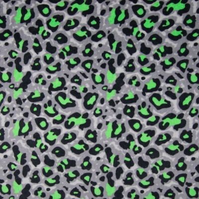 Coupon Tissu Jersey Velours Tâches de léopards Verts fluo sur fond Gris pierre - Coupon de 20 cm