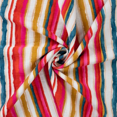 Tissu Viscose texturé Rayures Aquarelle Fuschia &amp; Bleu Canard sur fond Ivoire - Par 10 cm