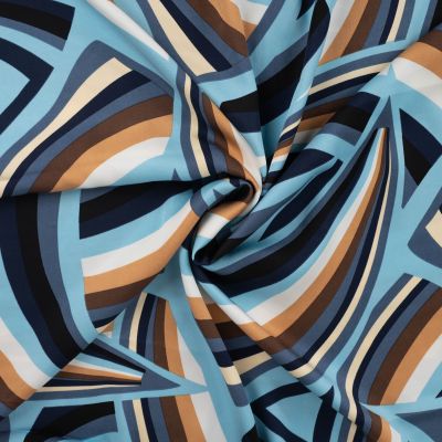 Tissu Viscose satiné Op art sur fond Bleu denim - Par 10 cm