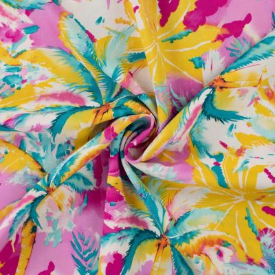 Tissu Viscose imprimé Palmiers acidulés sur fond Rose - Par 10 cm