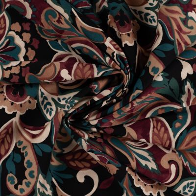 Tissu Viscose extensible floral vintage Taupe et Vert sur fond Noir - Par 10 cm