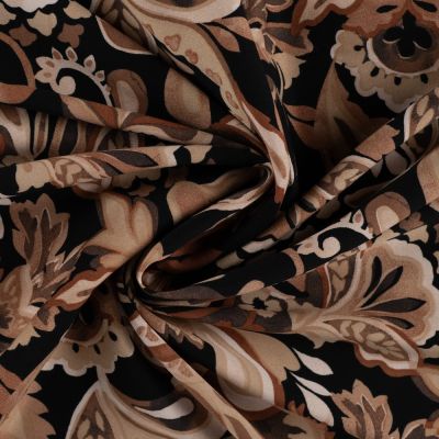 Tissu Viscose extensible floral vintage Taupe sur fond Noir - Par 10 cm