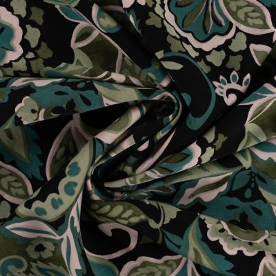 Tissu Viscose extensible floral vintage Vert sur fond Noir - Par 10 cm