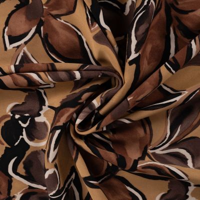 Tissu Viscose twill aquarelle floral Chocolat sur fond Camel - Par 10 cm