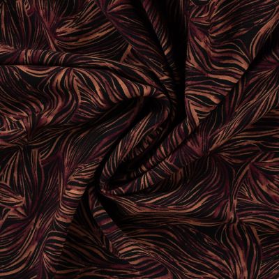 Tissu Viscose twill feuillage graphique Terracotta et Bordeaux sur fond Noir - Par 10 cm