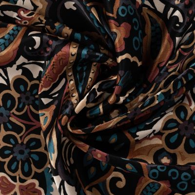 Tissu Viscose Satiné imprimé paisley indien Bleu sur fond Noir - Par 10 cm
