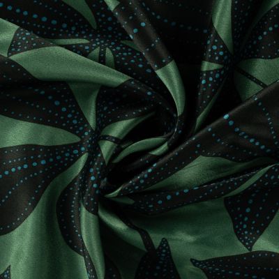 Tissu Viscose Satiné imprimé feuillage Noir et points Bleu sur fond Vert - Par 10 cm