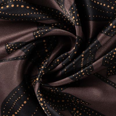 Tissu Viscose Satiné imprimé feuillage Noir et points Orange sur fond Taupe - Par 10 cm