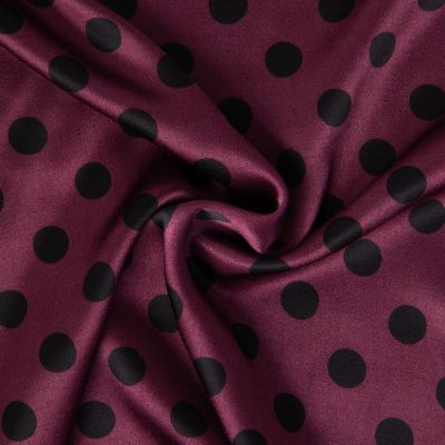 Tissu Viscose Satiné imprimé pois Noir sur fond Lie de vin - Par 10 cm