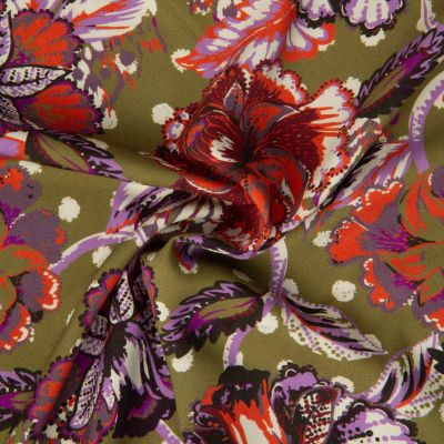 Tissu Viscose Twill EcoVero motif paisley floral sur fond Vert kaki - Par 10 cm
