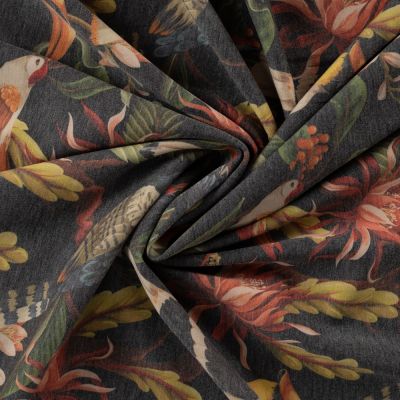 Tissu Suédine Scuba imprimé digital jungle luxuriante sur fond Gris anthracite chiné - Par 10 cm