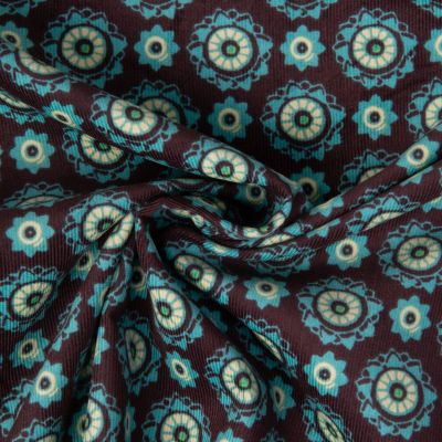 Tissu Velours milleraies digital imprimé Rosaces bohème sur fond Violet foncé - Par 10 cm