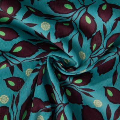 Tissu Velours milleraies digital imprimé Feuillage Bordeaux sur fond Bleu pétrole - Par 10 cm