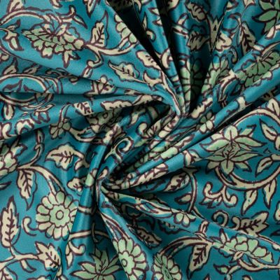Tissu Velours ras d&#039;habillement digital motif floral vintage sur fond Bleu turquoise - Par 10 cm